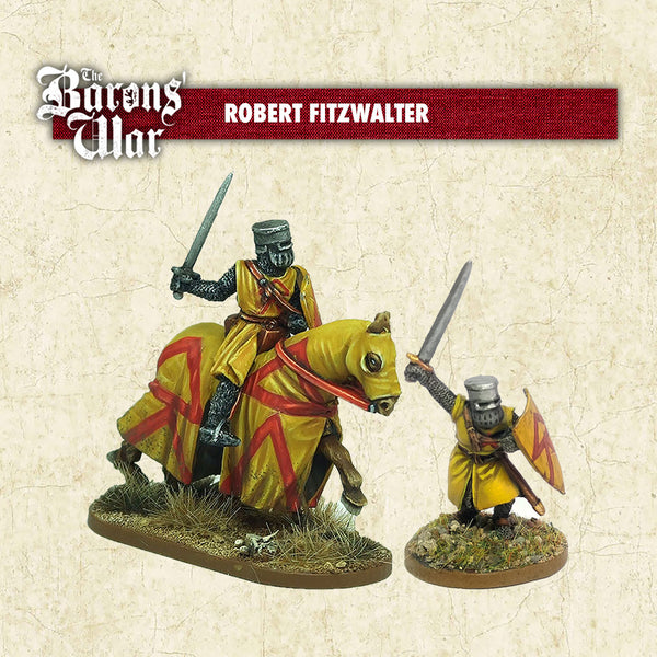 Two miniature figures of knights on foot & horseback representing Robert FitzWalter with 'The Barons War' branding.