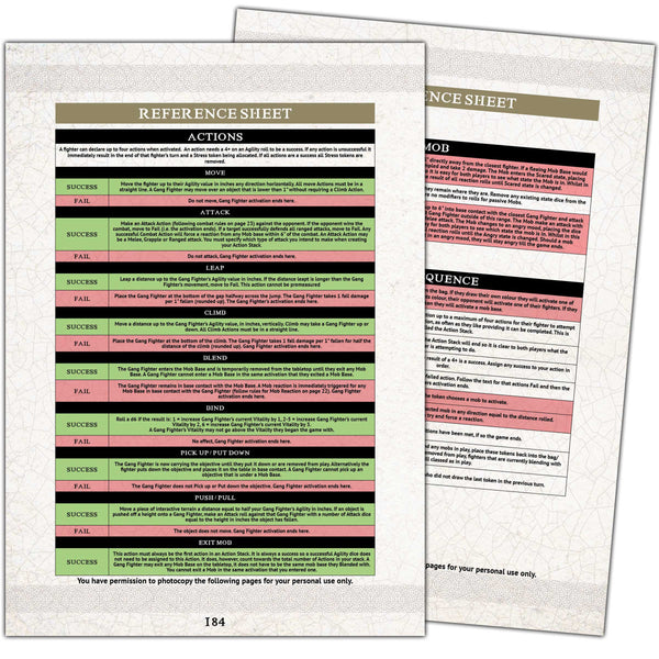 Two pages of a Quick Reference Sheet for Gangs Of Rome