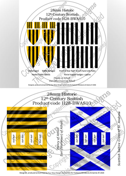 Two product labels for 12th-century Scottish flags with detailed descriptions on a white background. H28-BWAS10