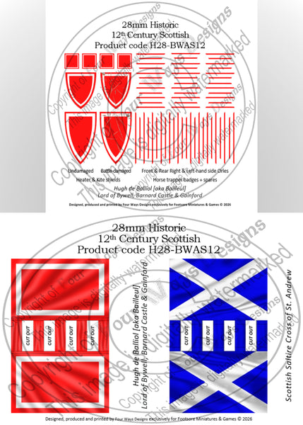 28mm Historic 12th Century Scottish miniature product packaging with red and blue flags. H28-BWAS12