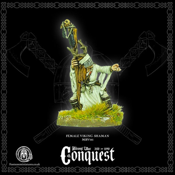 A painted metal miniature figure of a Female Viking Shaman, part of the Footsore Miniatures 'Conquest' line