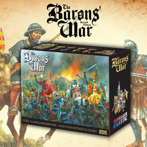 The image shows the product box for 'Barons' War Second Edition Starter' featuring illustrated medieval battle scenes with figures representing 12th-century knights and peasants.