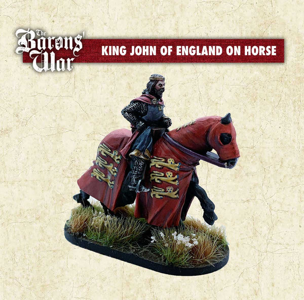 A miniature figure of King John of England mounted on a horse, part of the 'Barons War' series. The figure is painted with details on the clothing and horse, placed on a grassy base.