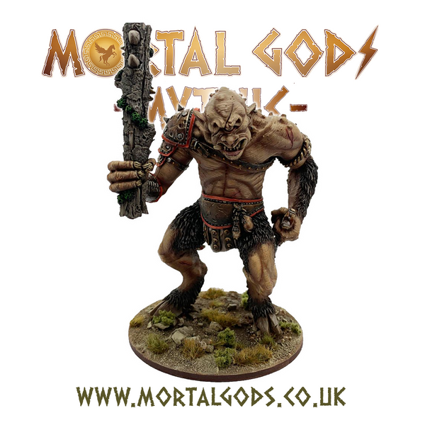 A miniature figurine of a mythological creature, identified as a cyclops, standing on a round base, painted with details on its skin and clothing, holding a club, with a logo 'Mortal Gods' in the background.