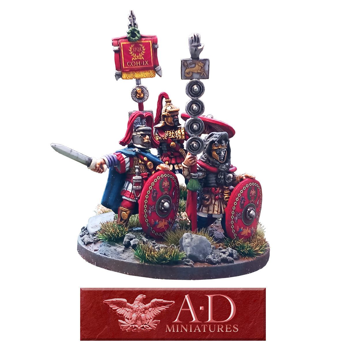 Display of Roman Command with a Legion banners, featuring A.D. Miniatures branding.