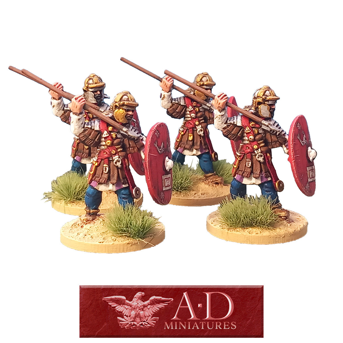 Four miniature figures of Roman soldiers with Pilum and shields on a white background, featuring A.D. Miniatures logo.