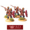 Four miniature figures of Roman soldiers with Pilum and shields on a white background, featuring A.D. Miniatures logo.