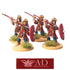 Four miniature figures of Roman soldiers with Pilum and shields on a white background, featuring A.D. Miniatures logo.