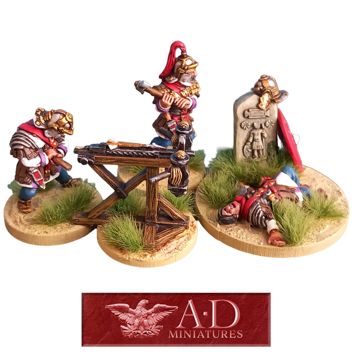 Diorama set of 3 Ancient Roman miniatures and a Scorpio launcher sculpted by Adam Smith