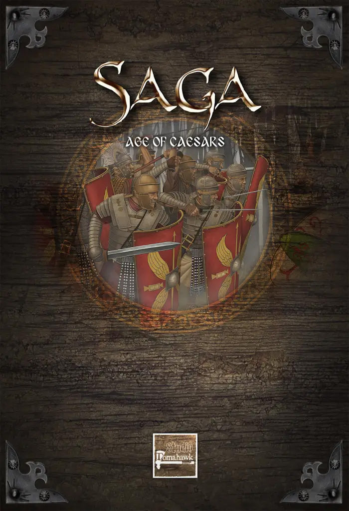 Front cover of the game supplement 'Saga: Age of Caesars' featuring a dark wood-textured background, an illustration of ancient Roman soldiers with red and gold shields in the center, and the title 'SAGA' in large metallic lettering at the top.