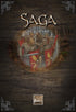 Front cover of the game supplement 'Saga: Age of Caesars' featuring a dark wood-textured background, an illustration of ancient Roman soldiers with red and gold shields in the center, and the title 'SAGA' in large metallic lettering at the top.