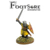 Miniature figure of a warrior with a sword and shield, branded 'Footsore miniatures'.