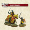 Two miniature figures of knights on foot & horseback representing Robert FitzWalter with 'The Barons War' branding.