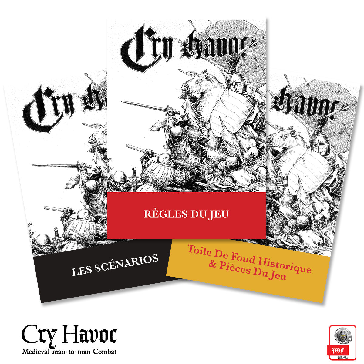 picture of three Cry Havoc book covers in a fan with the Cry Havoc logo on white background with PDF logo
