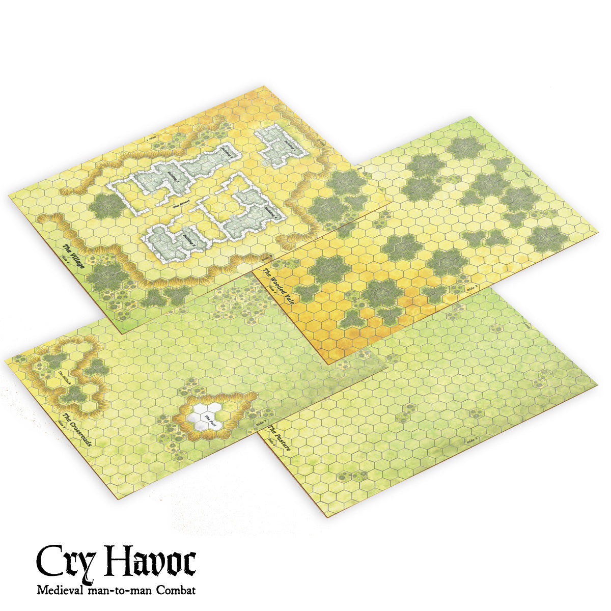 A set of two double-sided tabletop gaming terrain fold-out map boards, with a medieval hex grid pattern in yellow, green, and beige tones. For the game, Cry Havoc from Gary Chalk & Footsore Miniatures