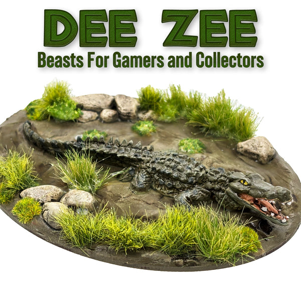 Model of a crocodile on a naturalistic base with 'DEE ZEE' branding above.