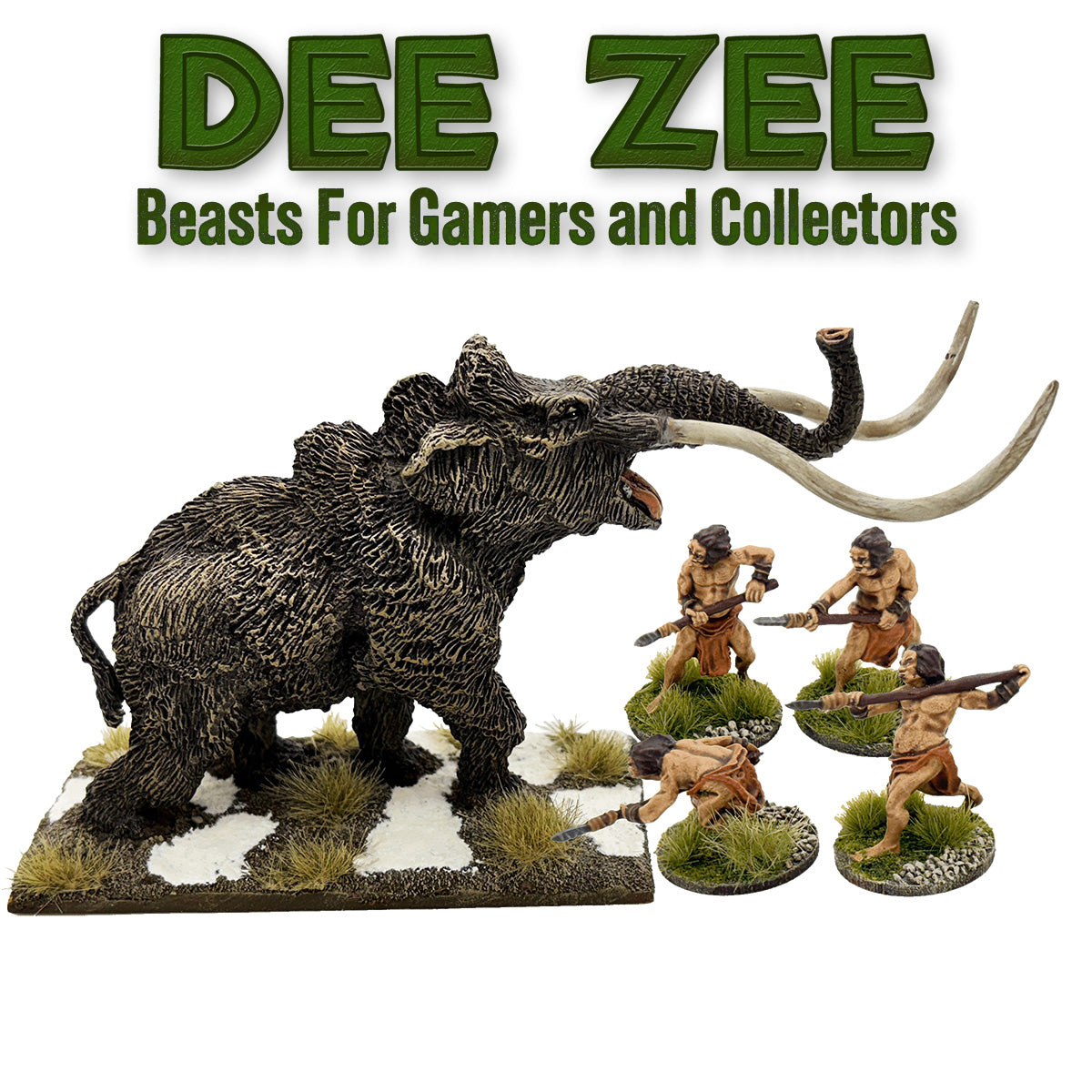 Woolly mammoth model with four human figures holding spears, branded 'Dee Zee Beasts For Gamers and Collectors'.