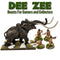 Woolly mammoth model with four human figures holding spears, branded 'Dee Zee Beasts For Gamers and Collectors'.