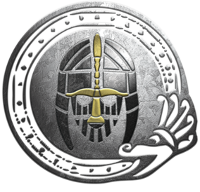 The Footsore Miniatures logo. A circular emblem with a helmet and sword design, featuring silver, black, and gold colours.
