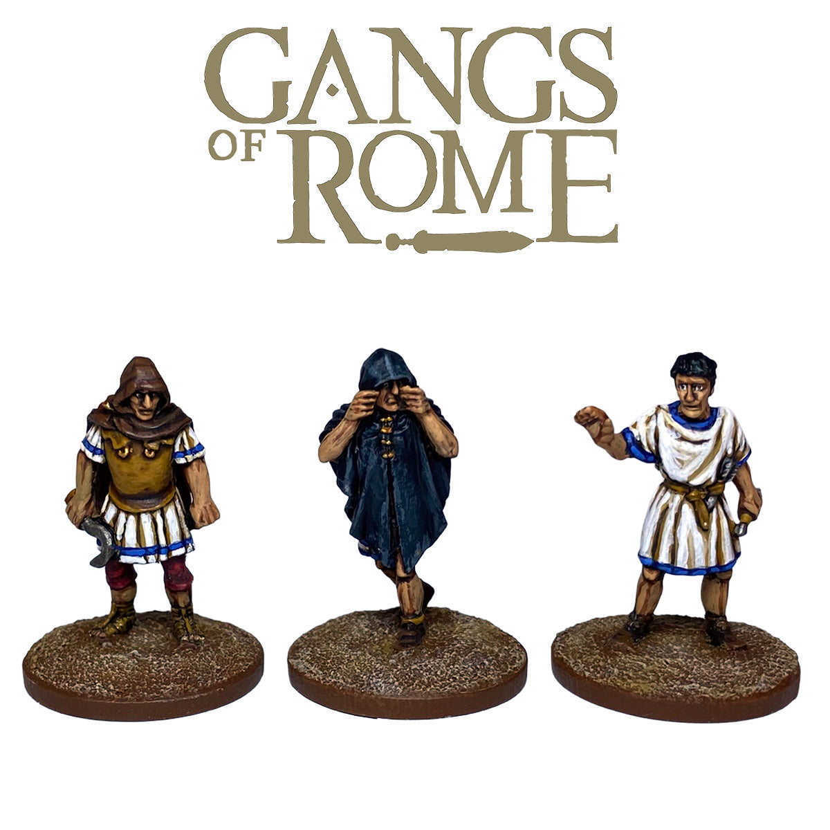 Three hand-painted miniature figurines representing Roman fighters from the game 'Gangs of Rome', displayed on textured bases against a white background with the 'Gangs of Rome' logo above them.