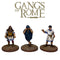 Three hand-painted miniature figurines representing Roman fighters from the game 'Gangs of Rome', displayed on textured bases against a white background with the 'Gangs of Rome' logo above them.