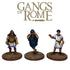 Three hand-painted miniature figurines representing Roman fighters from the game 'Gangs of Rome', displayed on textured bases against a white background with the 'Gangs of Rome' logo above them.
