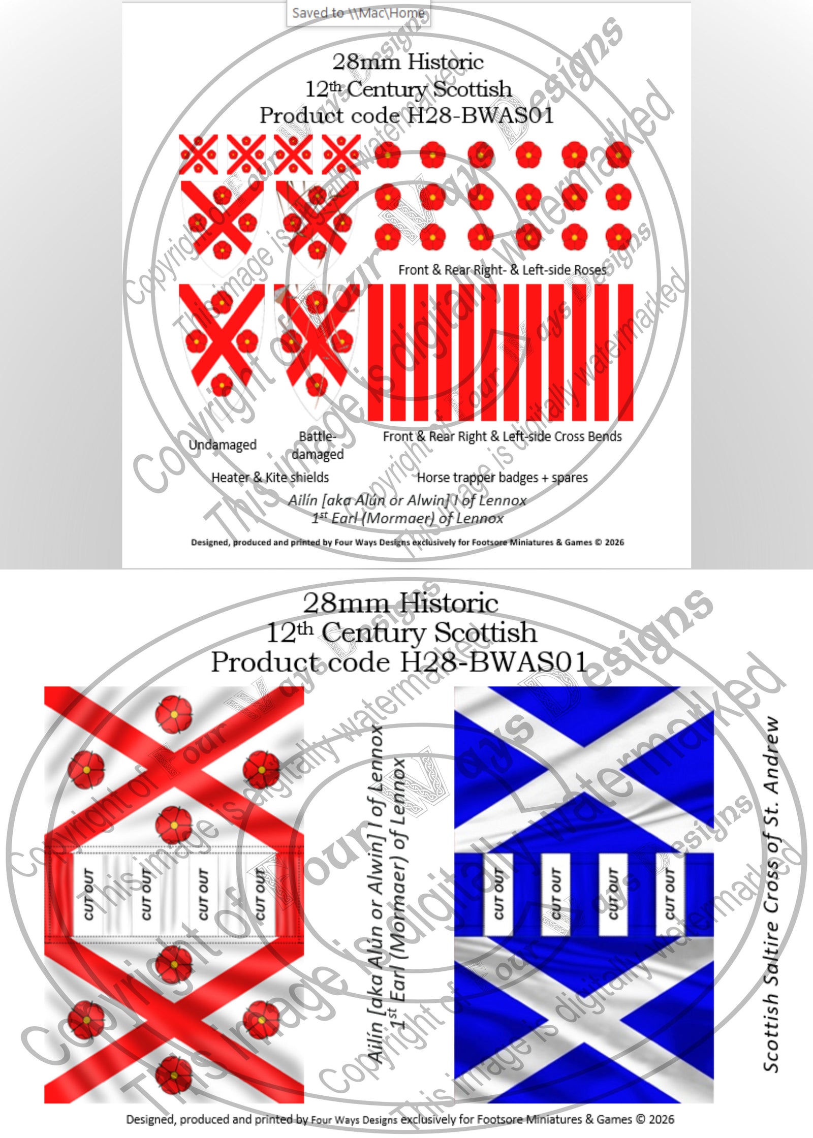 Two circular designs with red and blue patterns on a white background, featuring text and product code H28-BWAS01.