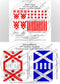 Two circular designs with red and blue patterns on a white background, featuring text and product code H28-BWAS01.