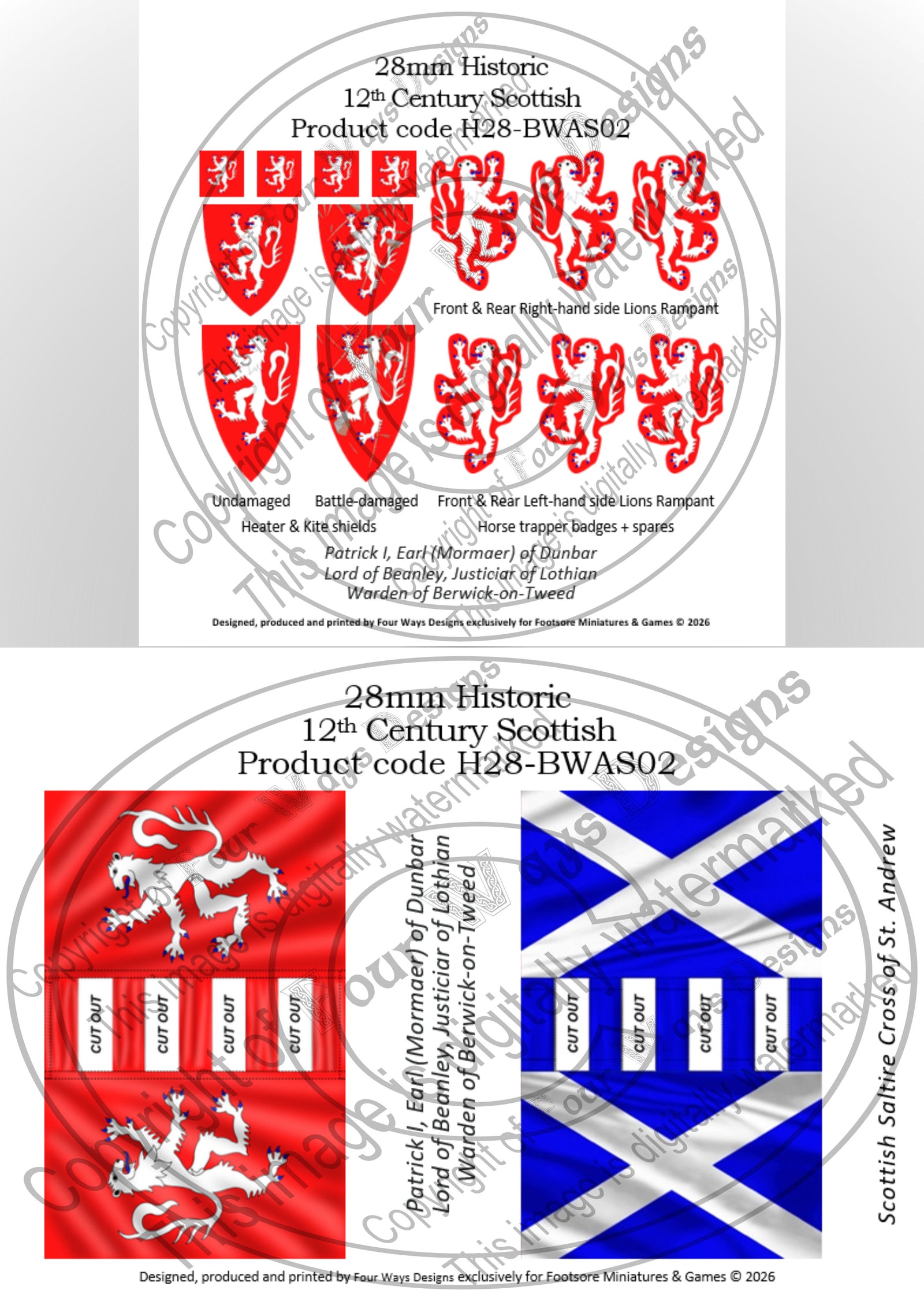 Product packaging for 12th-century Scottish flags and emblems with product code H28-BWAS02.