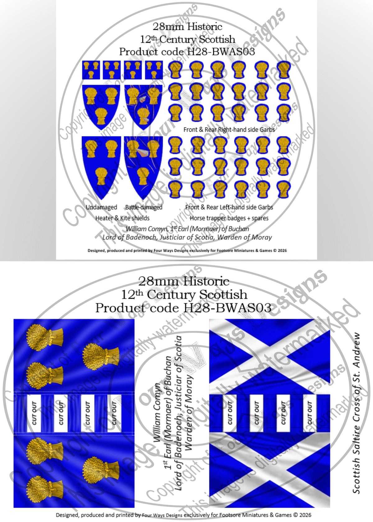 28mm scale model packaging for 12th-century Scottish flags and crests with product code H28-BWAS03.