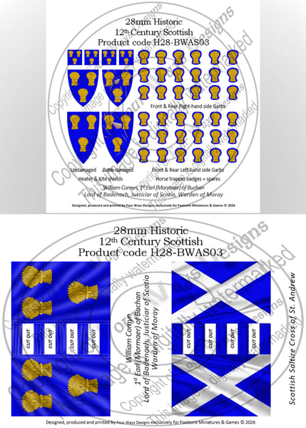 28mm scale model packaging for 12th-century Scottish flags and crests with product code H28-BWAS03.