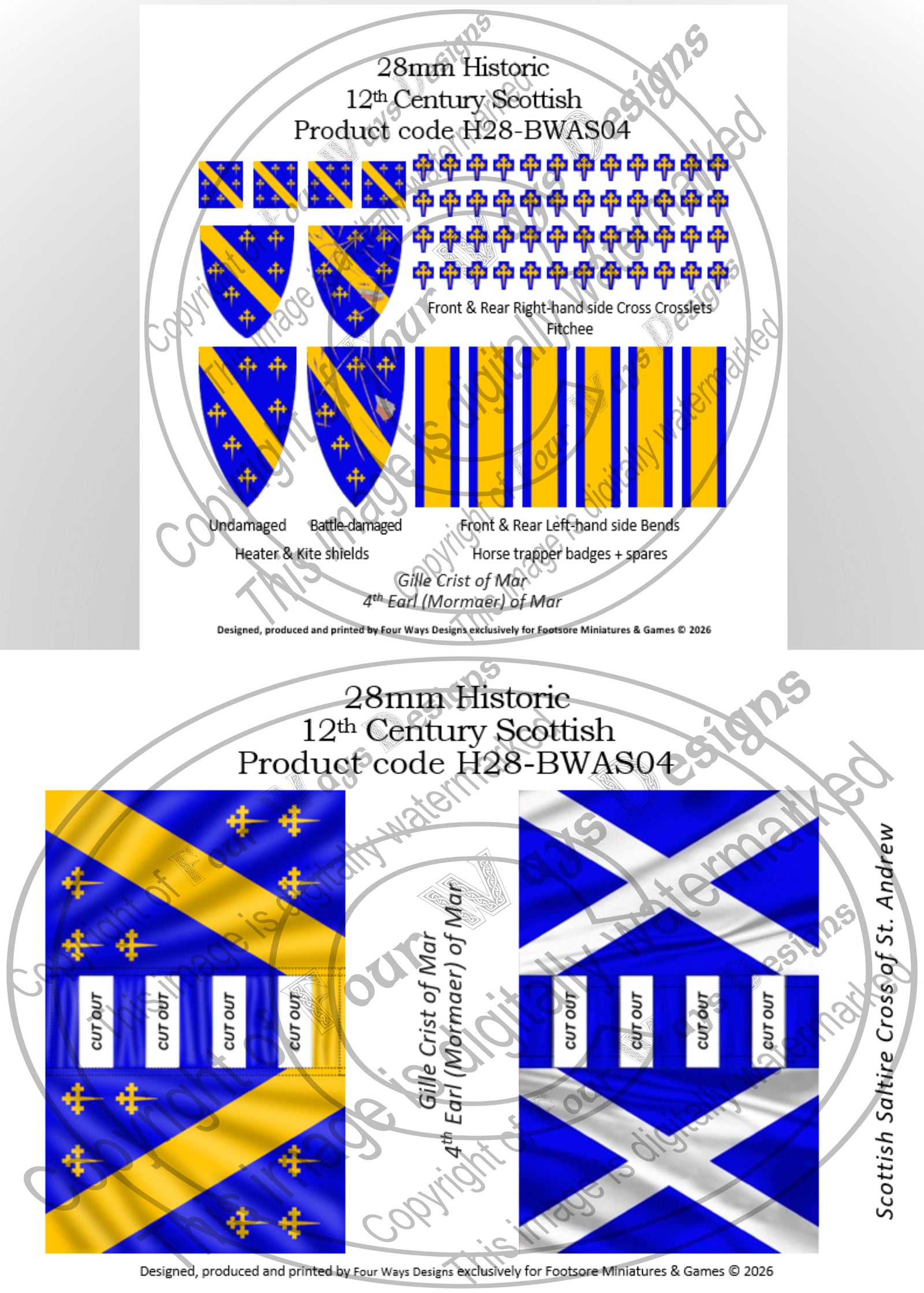 Product packaging for 12th-century Scottish flags with detailed design and branding. H28-BWAS04