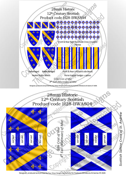 Product packaging for 12th-century Scottish flags with detailed design and branding. H28-BWAS04