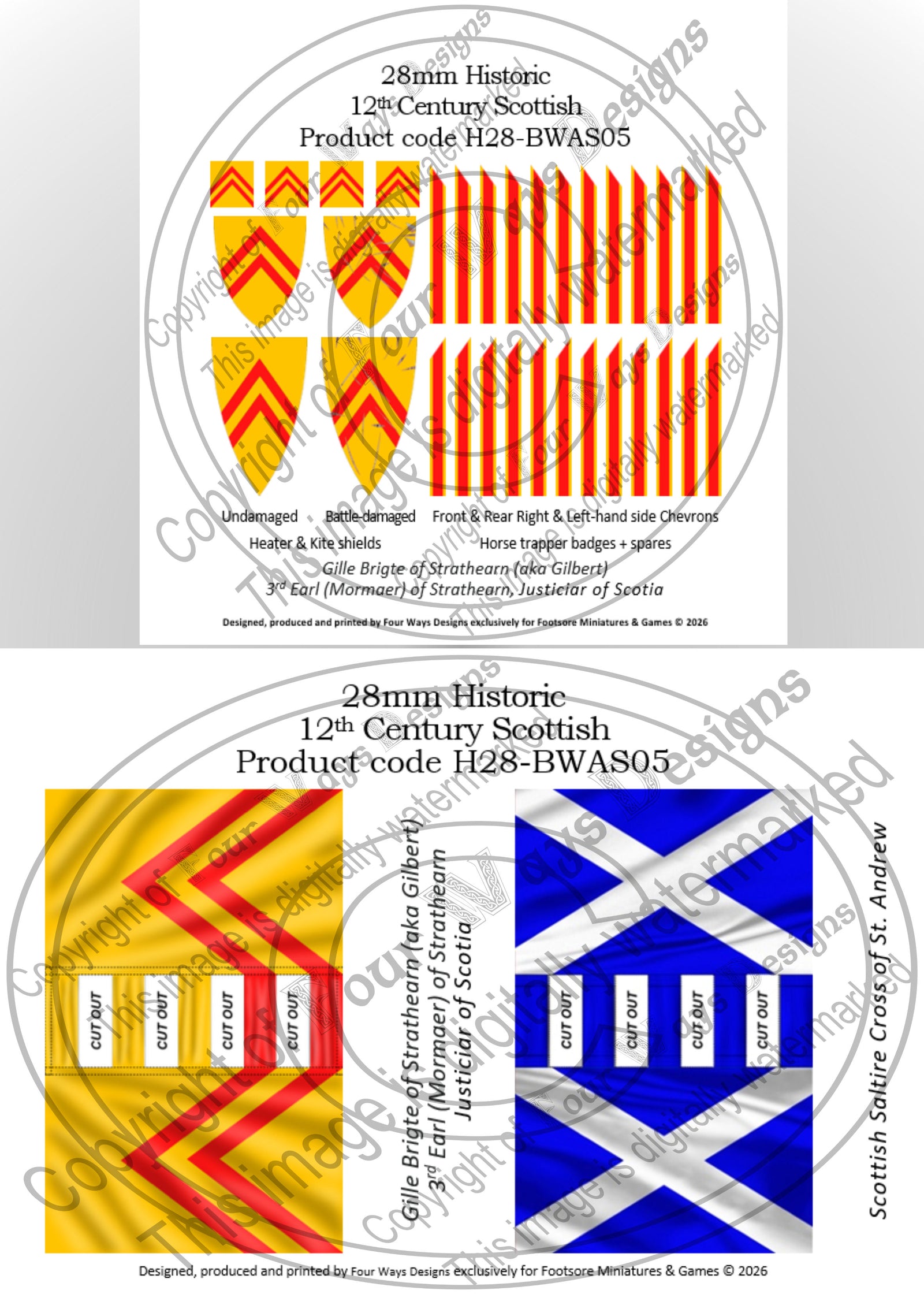 Product packaging for 12th-century Scottish heraldic designs with product code H28-BWAS05.