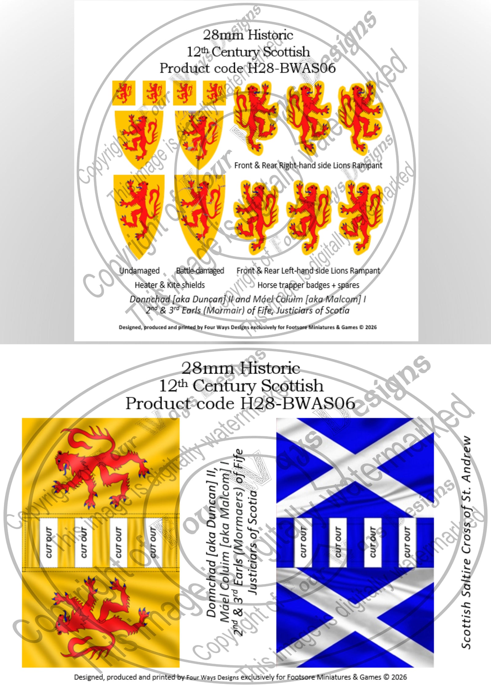 Two product labels for 12th-century Scottish flags with detailed designs and text. H28-BWAS06