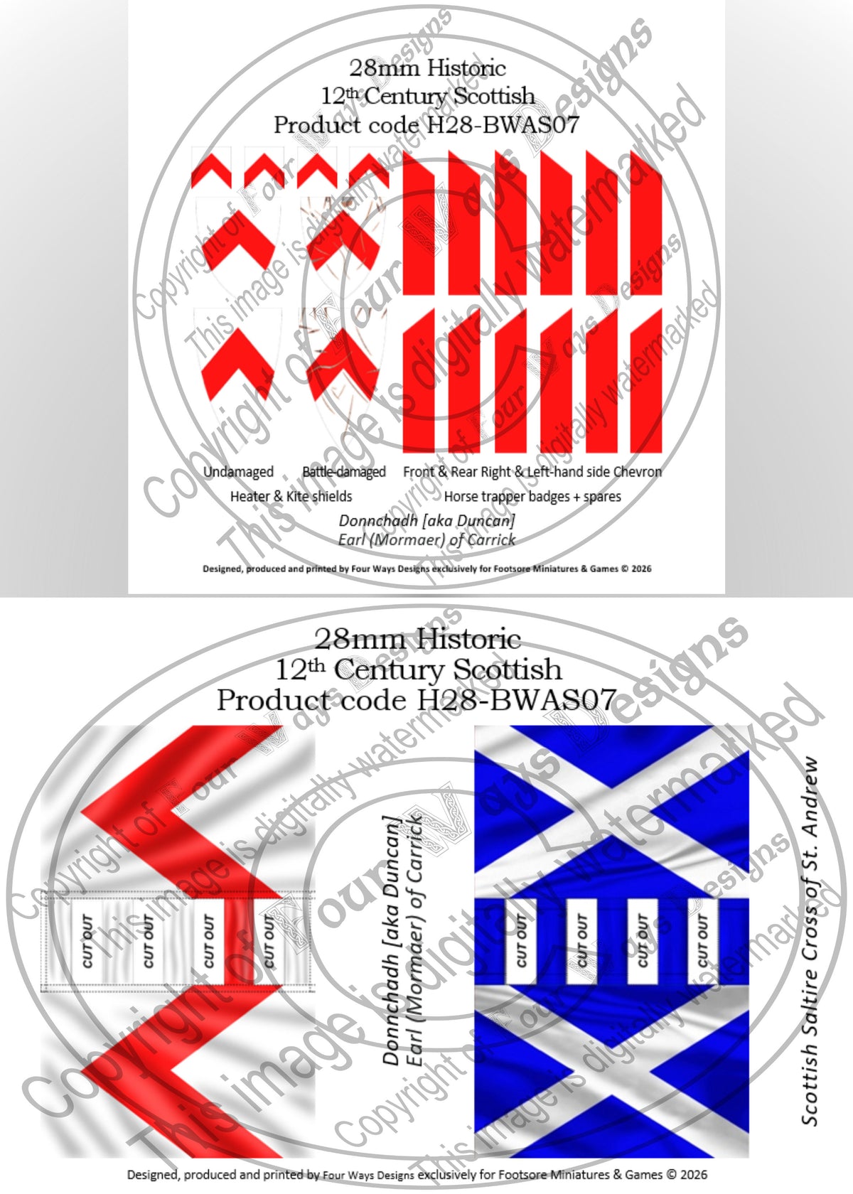 Two circular product labels for 28mm historical Scottish flags with text and design details. H28-BWAS07