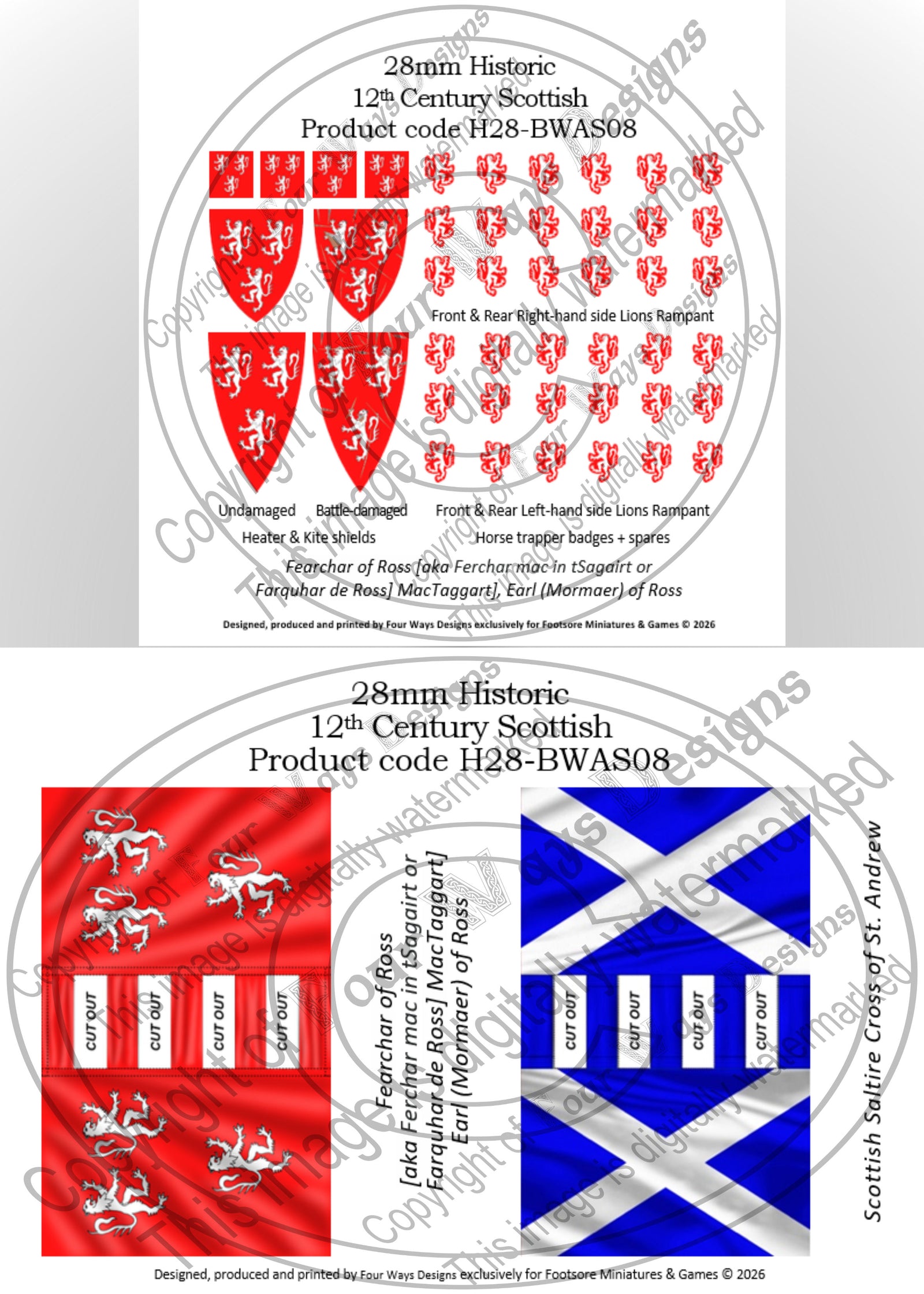 Product packaging for 12th century Scottish flags and emblems with detailed descriptions. H28-BWAS08