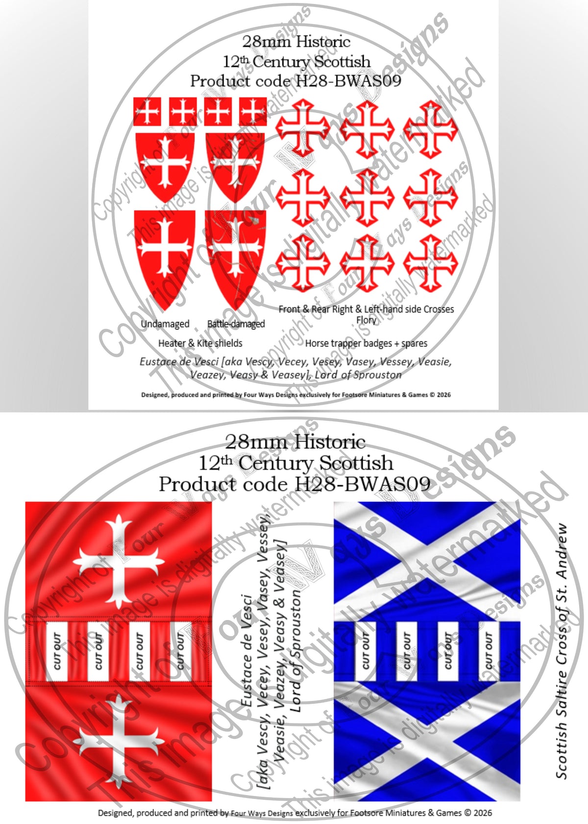 Scottish flag and coat of arms design with text on a white background. H28-BWAS09