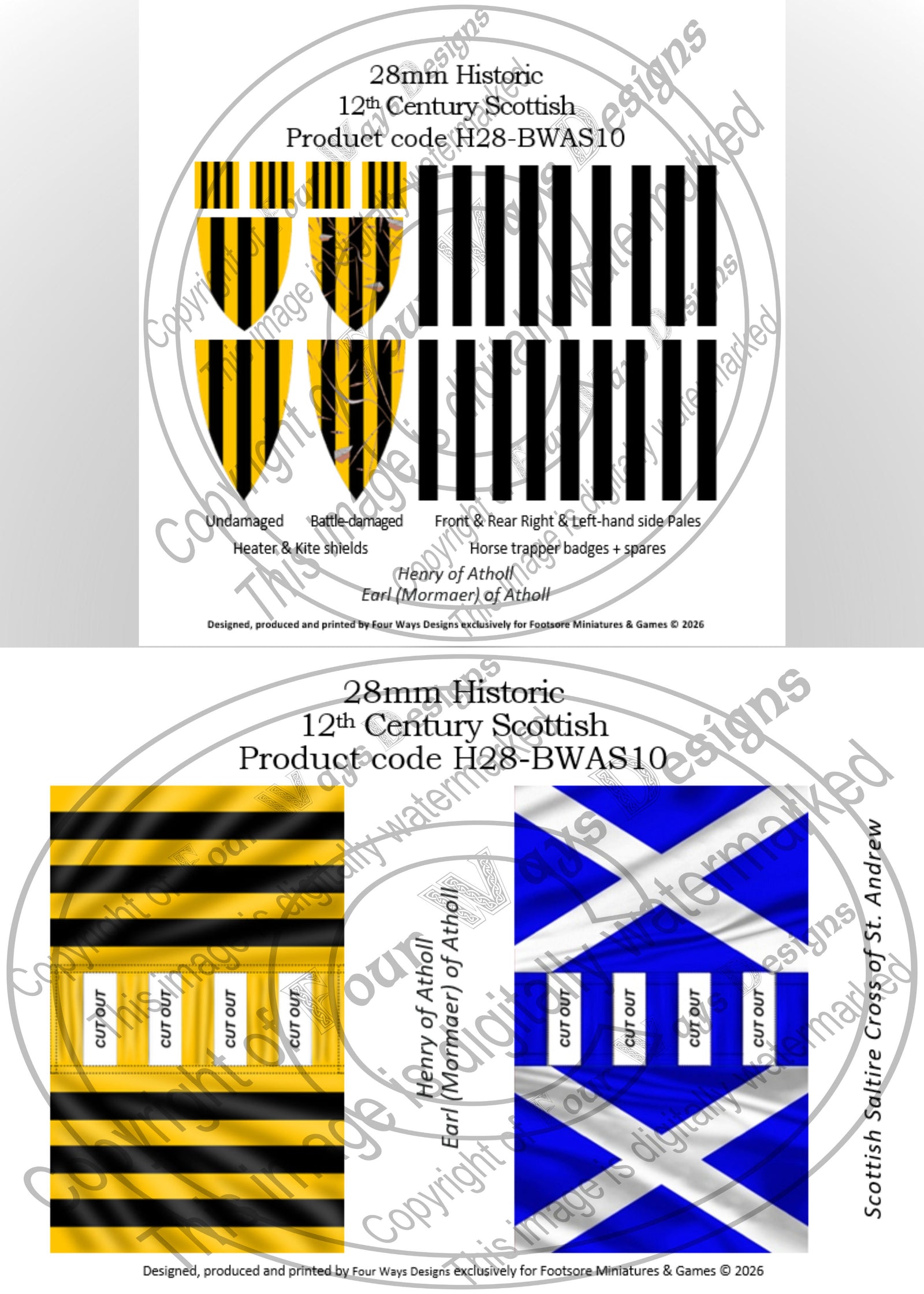 Two product labels for 12th-century Scottish flags with detailed descriptions on a white background. H28-BWAS10