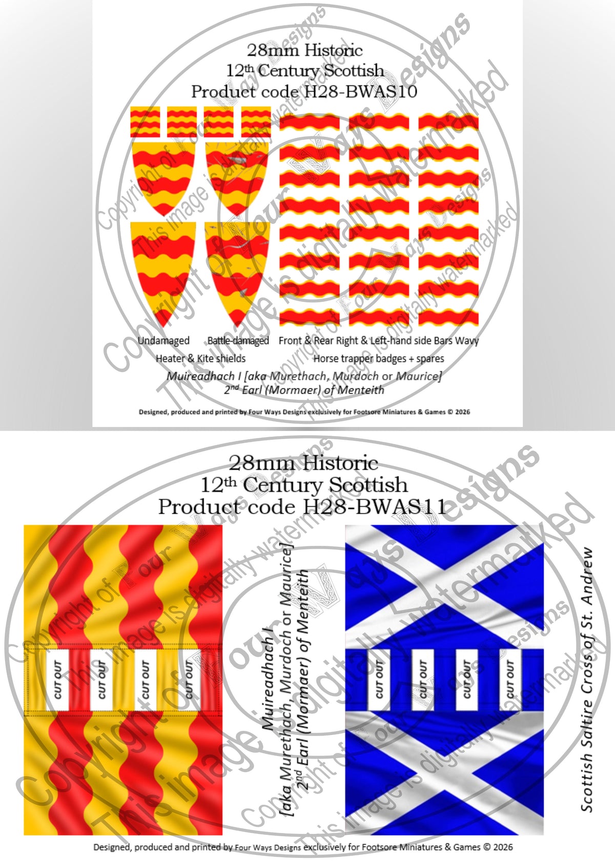 28mm Historic 12th Century Scottish flags with product codes and descriptions. H28-BWAS11