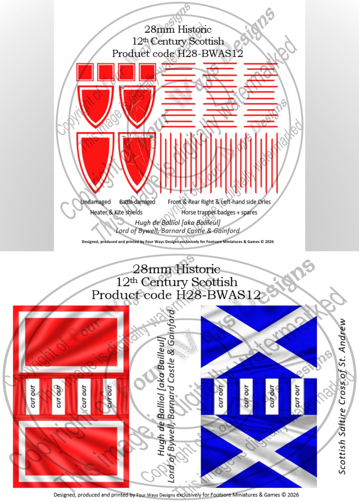 28mm Historic 12th Century Scottish miniature product packaging with red and blue flags. H28-BWAS12