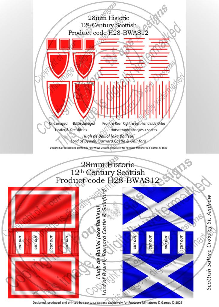 28mm Historic 12th Century Scottish miniature product packaging with red and blue flags. H28-BWAS12