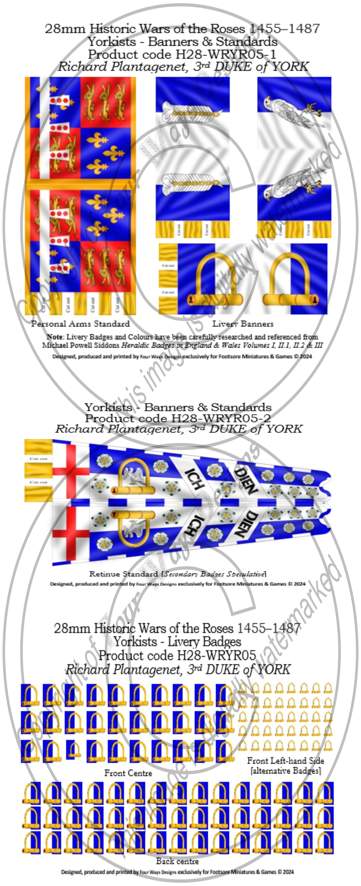 A sheet with illustrations of historical livery banners and standards, including coat of arms and flag designs, related to the 3rd Duke of York.