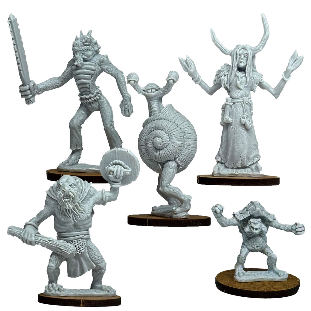 The Beastmen Set of five grey fantasy figurines on brown bases sculpted by Trish Carden