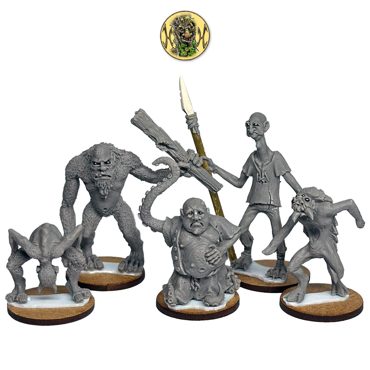 Five traditionally putty-sculpted fantasy tabletop gaming miniatures on round wooden bases. By Trish Carden
