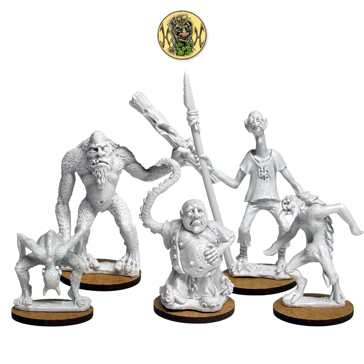 Five unpainted resin fantasy tabletop gaming miniatures displayed on circular wooden bases against a white background, with a circular product badge above them.