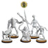Five unpainted resin fantasy tabletop gaming miniatures displayed on circular wooden bases against a white background, with a circular product badge above them.