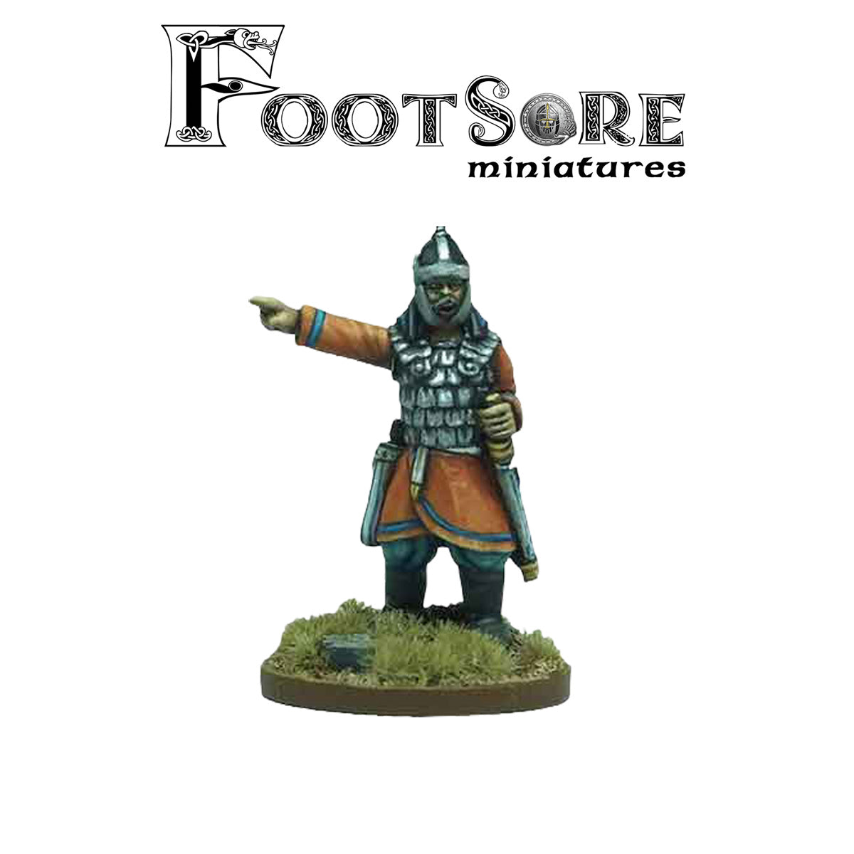 A painted miniature figurine of a Footsore Hun Warlord, pointing outward, standing on a round grassy base. The FootSore brand logo is visible at the top of the image.