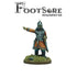 A painted miniature figurine of a Footsore Hun Warlord, pointing outward, standing on a round grassy base. The FootSore brand logo is visible at the top of the image.