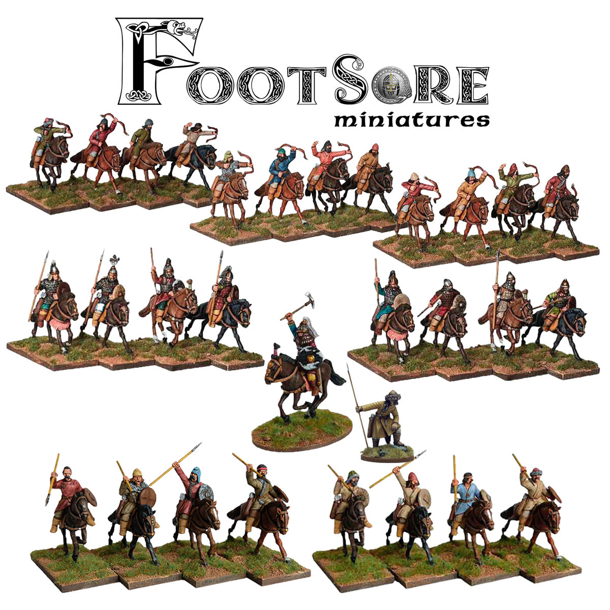 A painted Hun raiding party, displaying 29 mounted Hun Warriors and one dismounted warrior on a white background from Footsore Miniatures